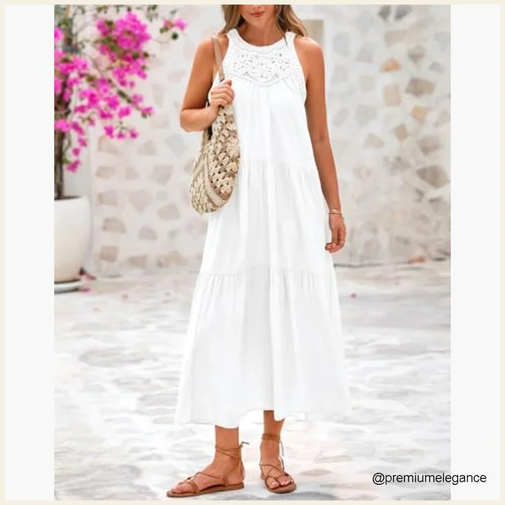 Halter Hollow Out Maxi Dress Sleeveless Boho Sundress Casual Beach Vacation - Picture 2 of 7